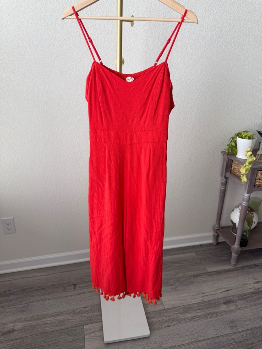 Three Bird Nest Red Cropped Jumpsuit with Tassel Hem